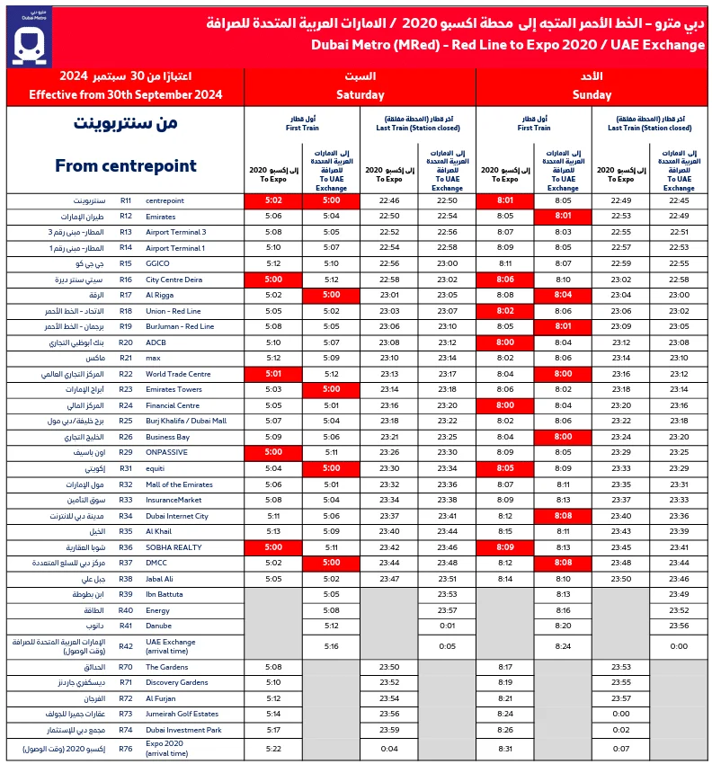 Dubai Metro Red Line Timetable