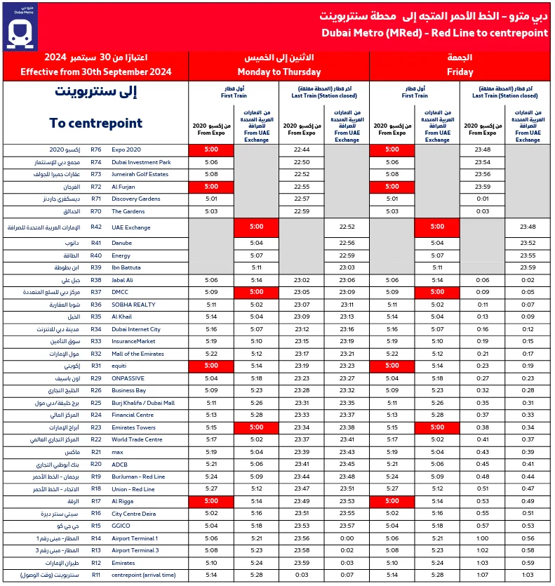 Dubai Metro Red Line Timings
